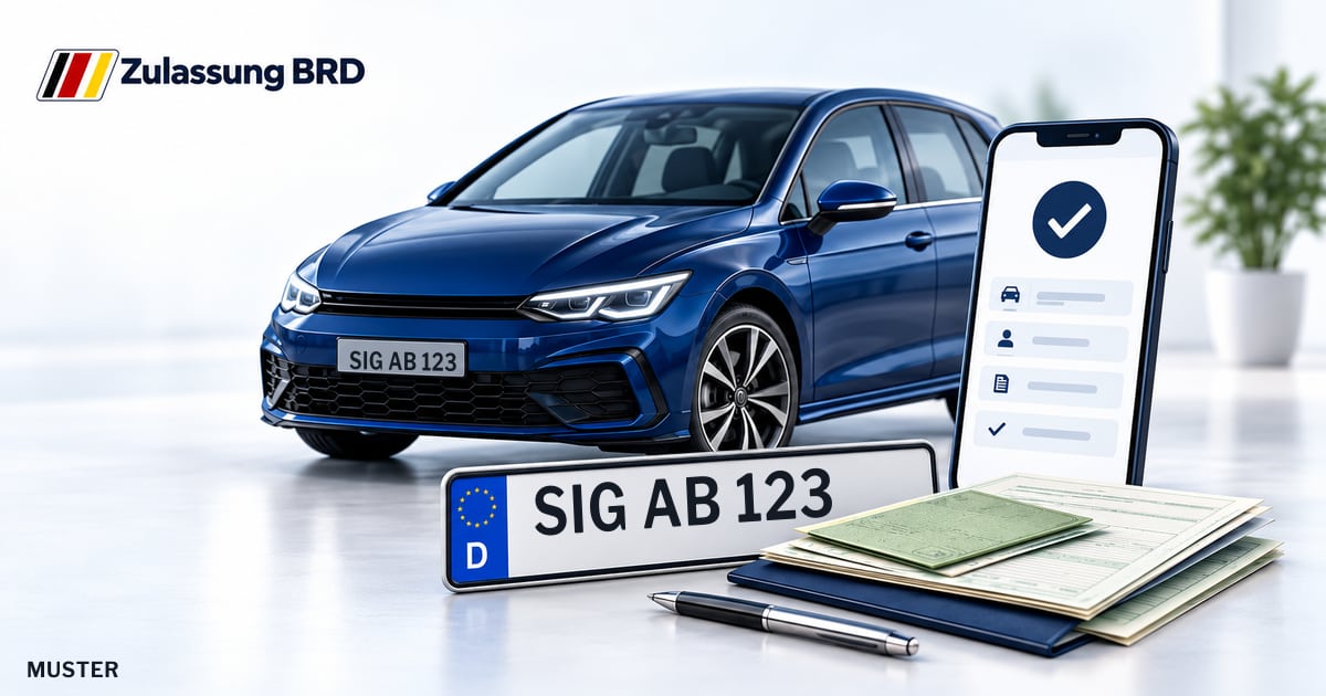 Online Fahrzeugzulassung in Pfullendorf: Musterkennzeichen SIG AB 123, Auto und Fahrzeugpapiere und Smartphone. Illustration mit Logo von Zulassung BRD.